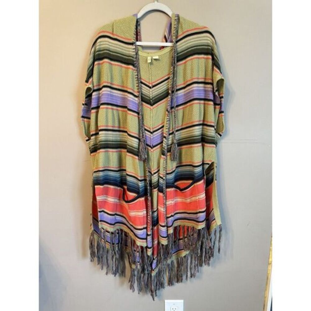 Anthropologie Moth Calexico Multicolor‎ Striped Hooded Fringe Poncho Size XS/SM